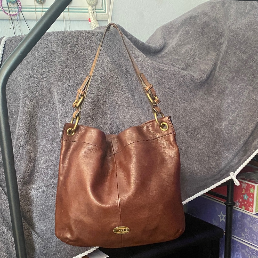 Vintage Fossil Rich Brown Leather Shoulder Bag